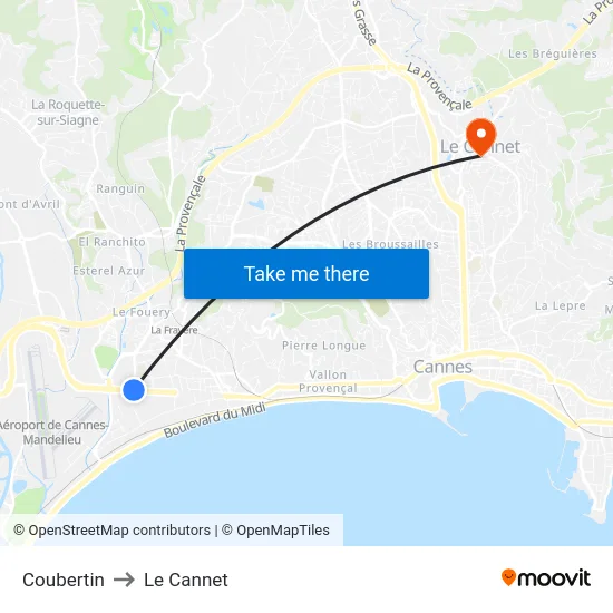 Coubertin to Le Cannet map