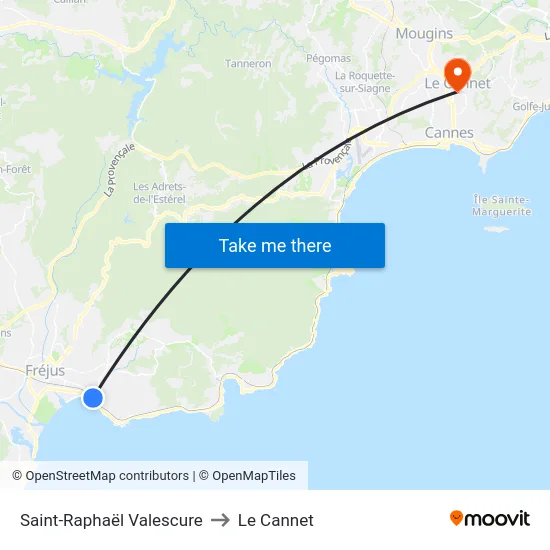 Saint-Raphaël Valescure to Le Cannet map