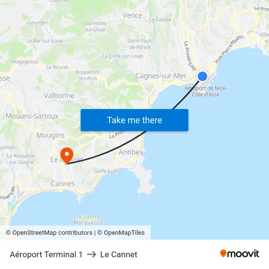 Aéroport Terminal 1 to Le Cannet map