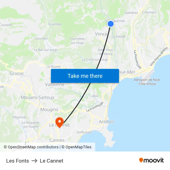 Les Fonts to Le Cannet map