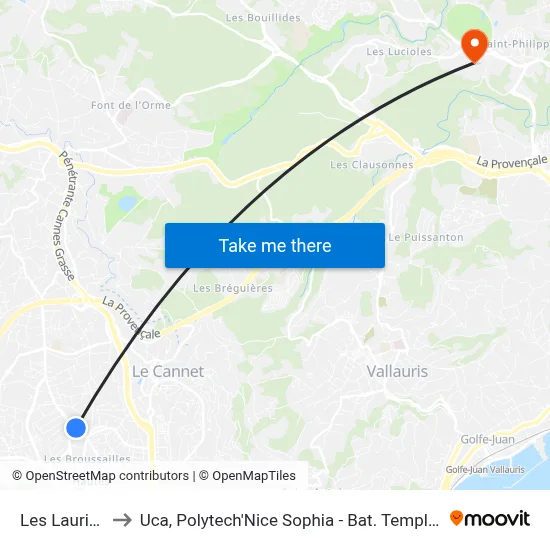 Les Lauriers to Uca, Polytech'Nice Sophia - Bat. Templiers 1 map