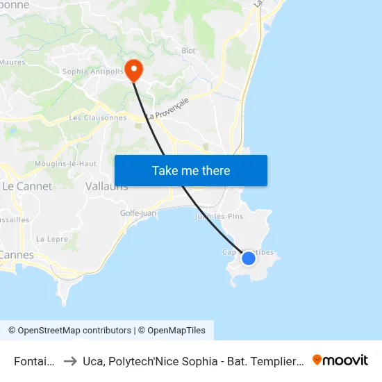 Fontaine to Uca, Polytech'Nice Sophia - Bat. Templiers 1 map