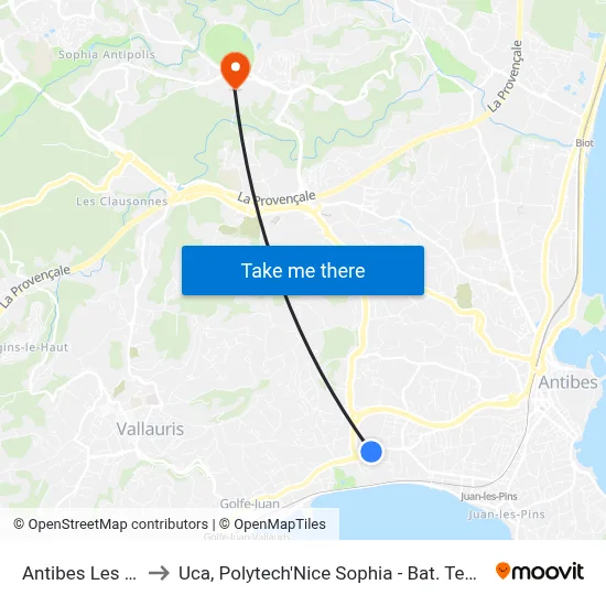 Antibes Les Pins to Uca, Polytech'Nice Sophia - Bat. Templiers 1 map