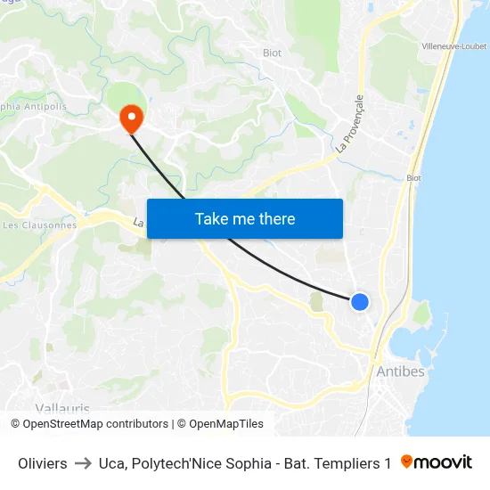 Oliviers to Uca, Polytech'Nice Sophia - Bat. Templiers 1 map