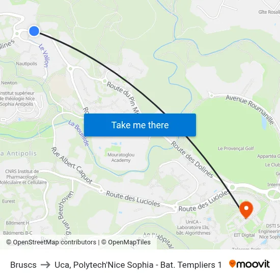 Bruscs to Uca, Polytech'Nice Sophia - Bat. Templiers 1 map