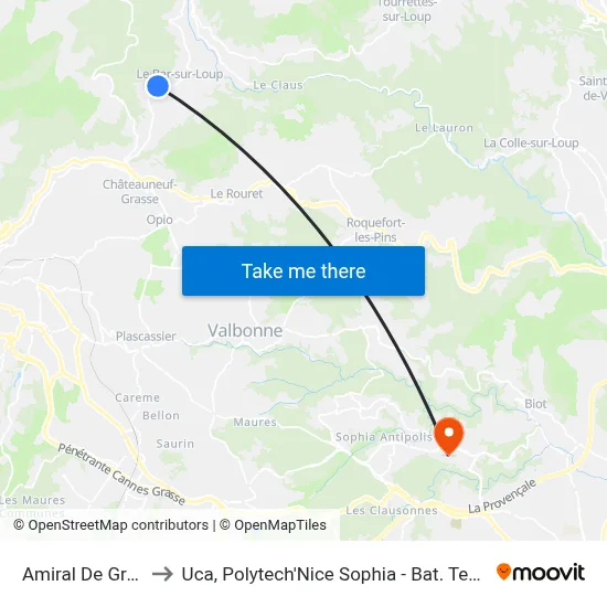 Amiral De Grasse to Uca, Polytech'Nice Sophia - Bat. Templiers 1 map