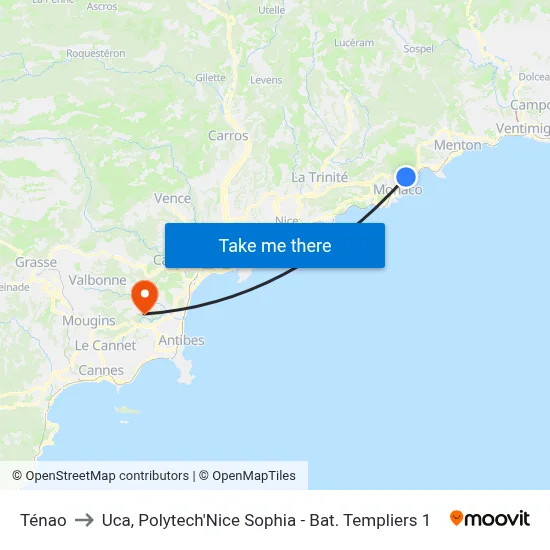 Ténao to Uca, Polytech'Nice Sophia - Bat. Templiers 1 map