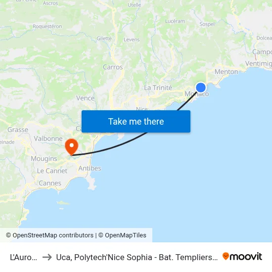 L'Aurore to Uca, Polytech'Nice Sophia - Bat. Templiers 1 map