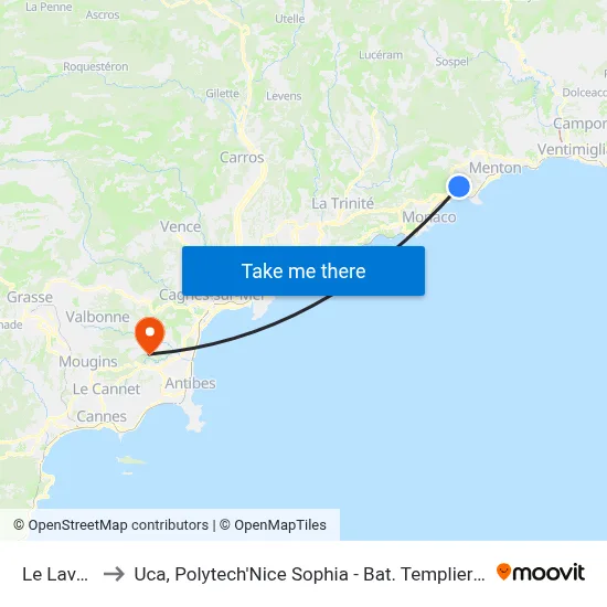 Le Lavoir to Uca, Polytech'Nice Sophia - Bat. Templiers 1 map