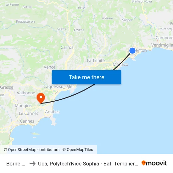 Borne 62 to Uca, Polytech'Nice Sophia - Bat. Templiers 1 map