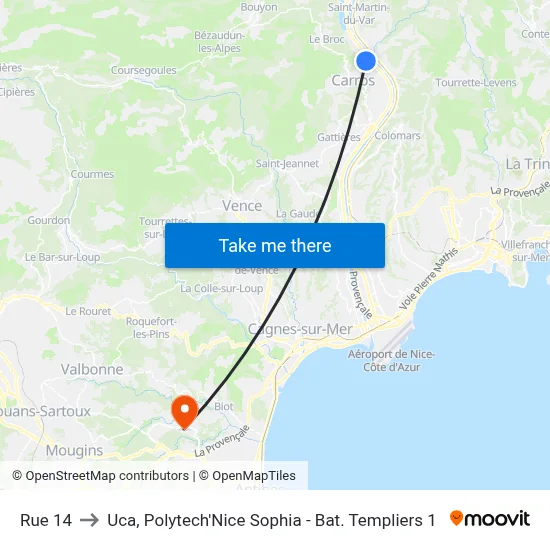 Rue 14 to Uca, Polytech'Nice Sophia - Bat. Templiers 1 map