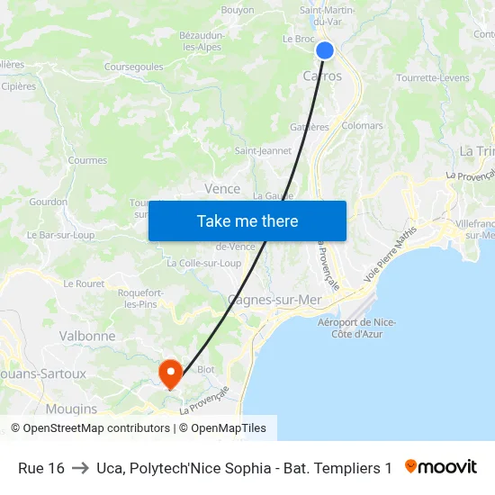 Rue 16 to Uca, Polytech'Nice Sophia - Bat. Templiers 1 map