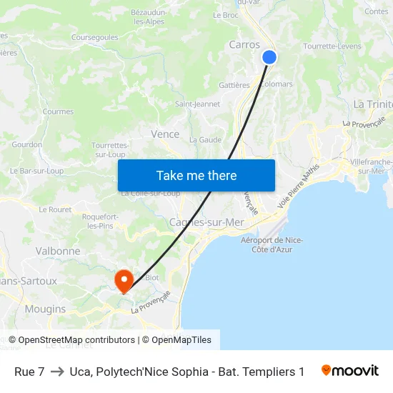 Rue 7 to Uca, Polytech'Nice Sophia - Bat. Templiers 1 map