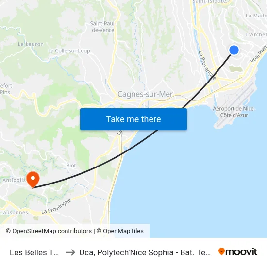 Les Belles Terres to Uca, Polytech'Nice Sophia - Bat. Templiers 1 map