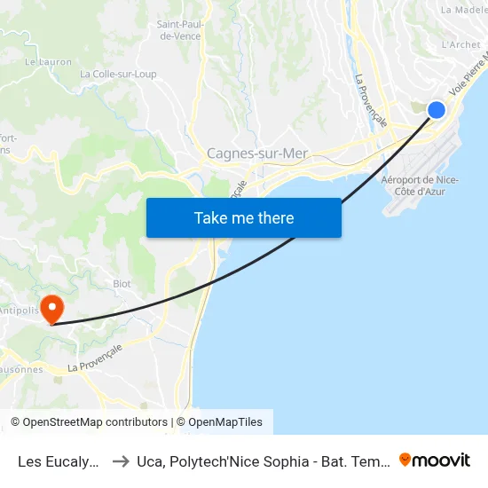 Les Eucalyptus to Uca, Polytech'Nice Sophia - Bat. Templiers 1 map