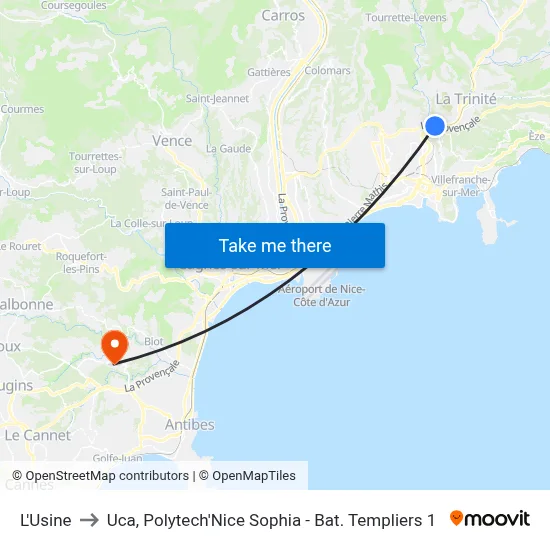 L'Usine to Uca, Polytech'Nice Sophia - Bat. Templiers 1 map