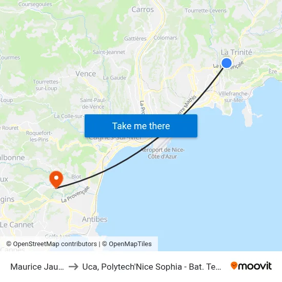Maurice Jaubert to Uca, Polytech'Nice Sophia - Bat. Templiers 1 map
