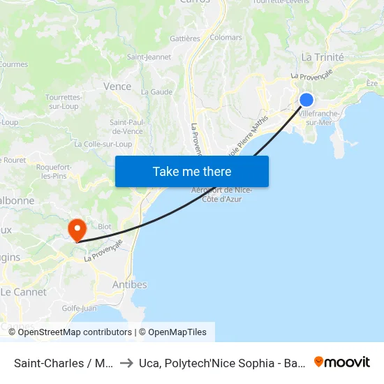 Saint-Charles / Mont Gros to Uca, Polytech'Nice Sophia - Bat. Templiers 1 map