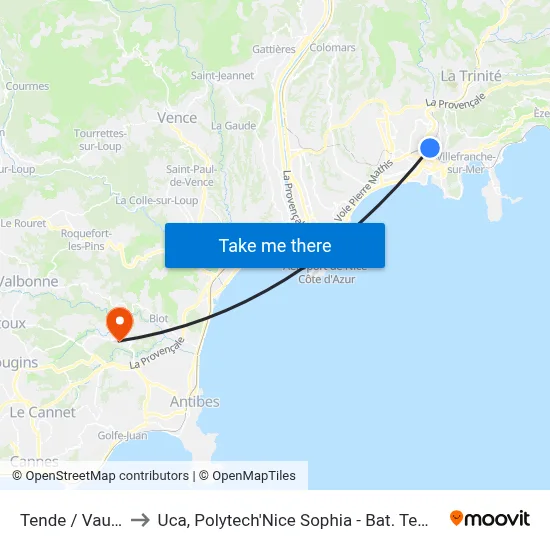 Tende / Vauban to Uca, Polytech'Nice Sophia - Bat. Templiers 1 map