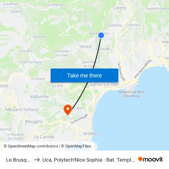 Le Brusquet to Uca, Polytech'Nice Sophia - Bat. Templiers 1 map