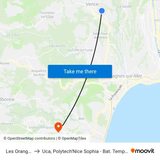 Les Orangers to Uca, Polytech'Nice Sophia - Bat. Templiers 1 map