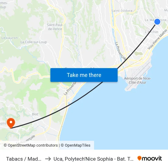 Carlone/Madeleine to Uca, Polytech'Nice Sophia - Bat. Templiers 1 map
