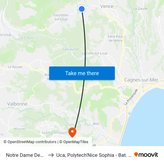 Notre Dame Des Fleurs to Uca, Polytech'Nice Sophia - Bat. Templiers 1 map