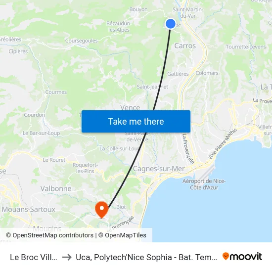 Le Broc Village to Uca, Polytech'Nice Sophia - Bat. Templiers 1 map