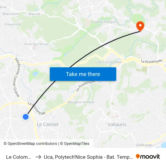Le Colombier to Uca, Polytech'Nice Sophia - Bat. Templiers 1 map