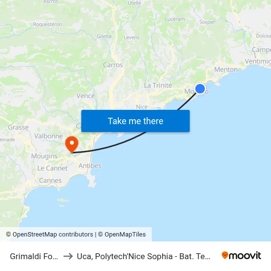 Grimaldi Forum to Uca, Polytech'Nice Sophia - Bat. Templiers 1 map