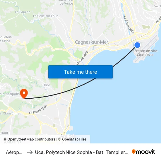 Aéroport to Uca, Polytech'Nice Sophia - Bat. Templiers 1 map