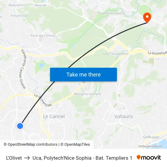 L'Olivet to Uca, Polytech'Nice Sophia - Bat. Templiers 1 map