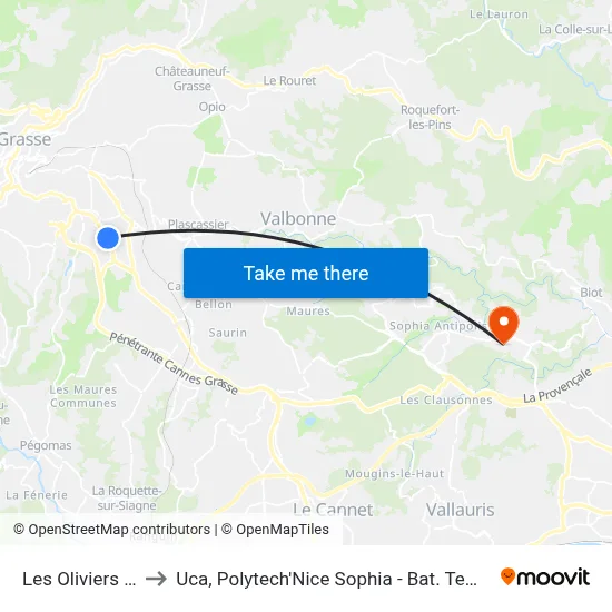Les Oliviers 600 to Uca, Polytech'Nice Sophia - Bat. Templiers 1 map
