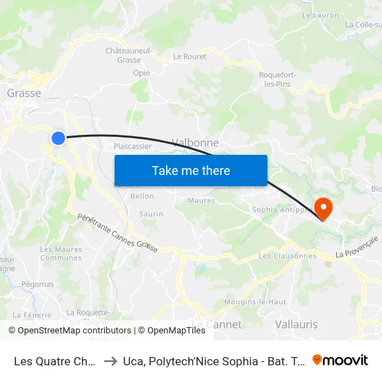 Les Quatre Chemins to Uca, Polytech'Nice Sophia - Bat. Templiers 1 map