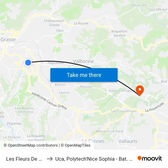 Les Fleurs De Grasse to Uca, Polytech'Nice Sophia - Bat. Templiers 1 map