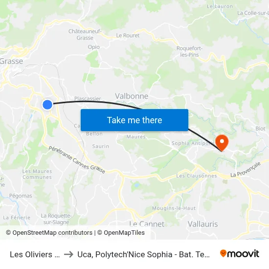 Les Oliviers 600 to Uca, Polytech'Nice Sophia - Bat. Templiers 1 map