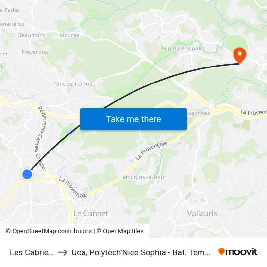 Les Cabrieres to Uca, Polytech'Nice Sophia - Bat. Templiers 1 map