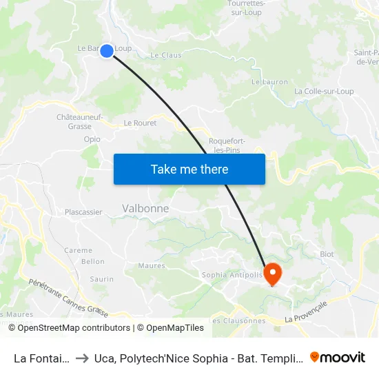 La Fontaine to Uca, Polytech'Nice Sophia - Bat. Templiers 1 map