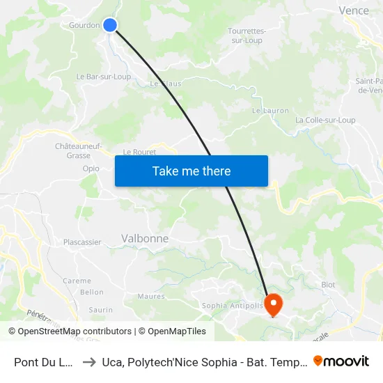 Pont Du Loup to Uca, Polytech'Nice Sophia - Bat. Templiers 1 map
