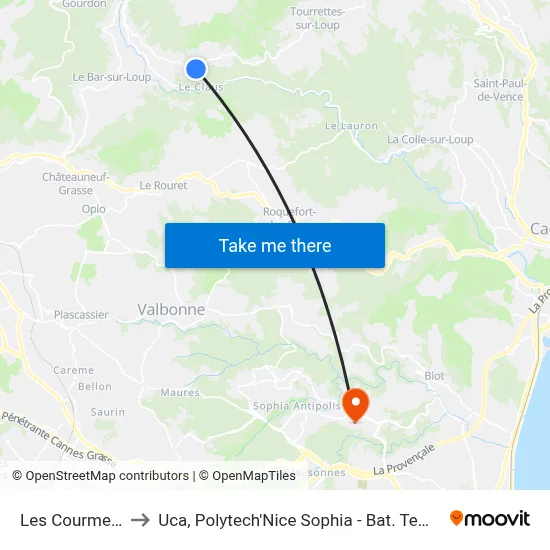 Les Courmettes to Uca, Polytech'Nice Sophia - Bat. Templiers 1 map