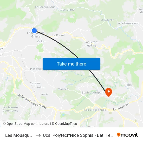 Les Mousquettes to Uca, Polytech'Nice Sophia - Bat. Templiers 1 map
