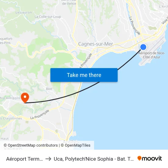 Aéroport Terminal 2 to Uca, Polytech'Nice Sophia - Bat. Templiers 1 map