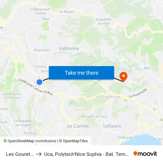Les Gourettes to Uca, Polytech'Nice Sophia - Bat. Templiers 1 map