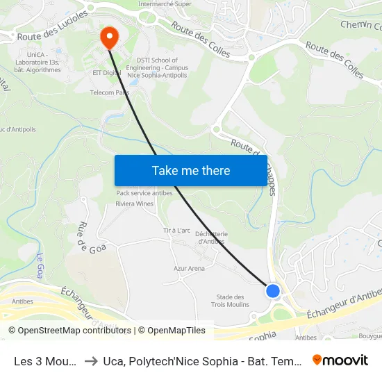 Les 3 Moulins to Uca, Polytech'Nice Sophia - Bat. Templiers 1 map