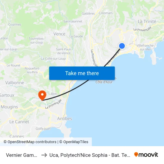 Vernier Gambetta to Uca, Polytech'Nice Sophia - Bat. Templiers 1 map