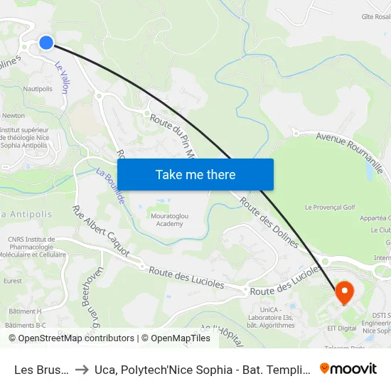 Les Bruscs to Uca, Polytech'Nice Sophia - Bat. Templiers 1 map