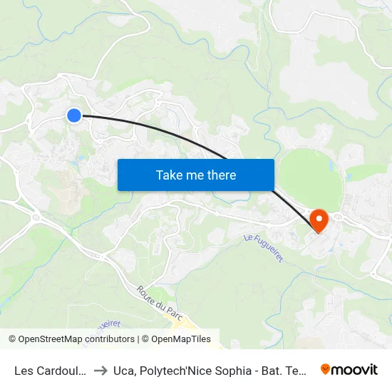 Les Cardoulines to Uca, Polytech'Nice Sophia - Bat. Templiers 1 map