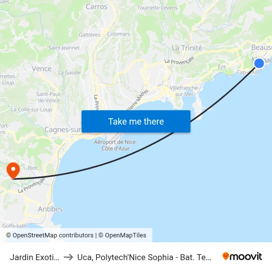 Jardin Exotique to Uca, Polytech'Nice Sophia - Bat. Templiers 1 map