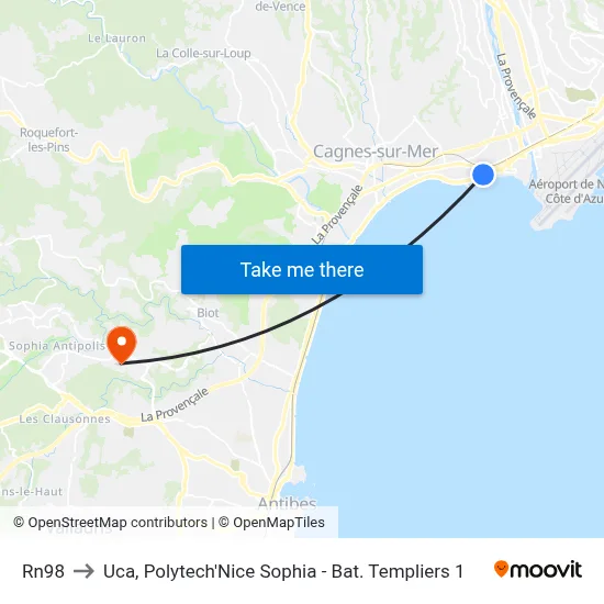 Rn98 to Uca, Polytech'Nice Sophia - Bat. Templiers 1 map