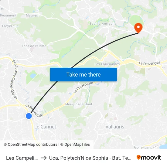 Les Campelieres to Uca, Polytech'Nice Sophia - Bat. Templiers 1 map